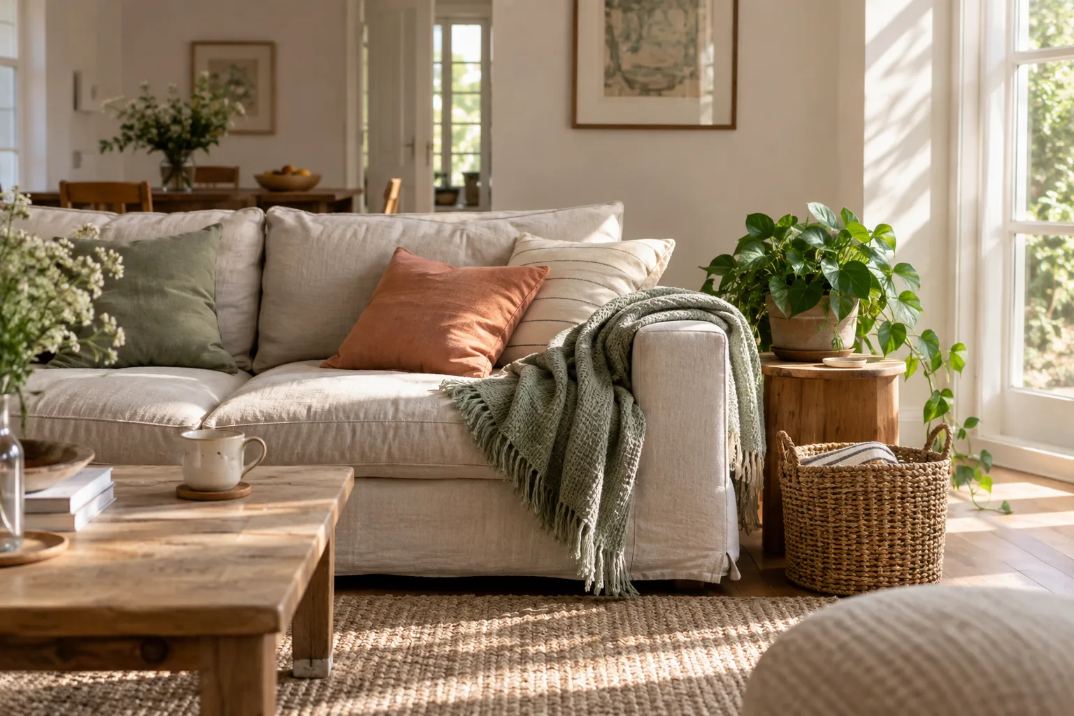 A calm, sunlit living room with practical everyday details